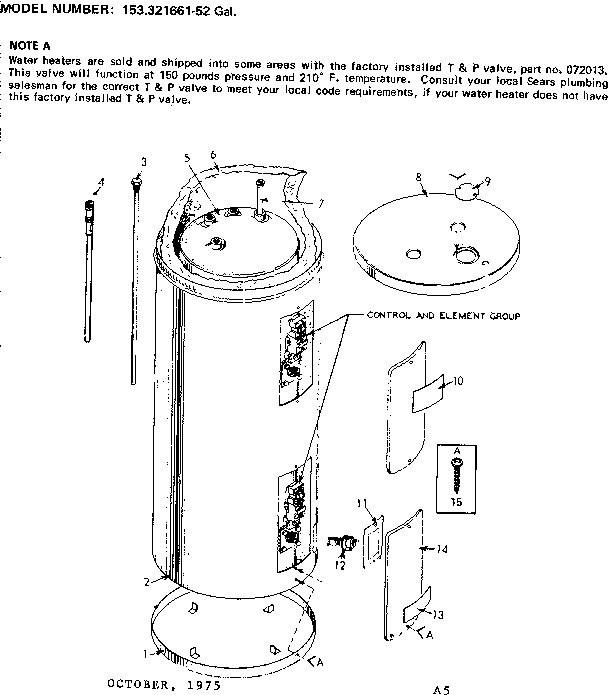 Non-functional Replacement Parts Diagram and Parts List for 153321661  Kenmore Water Heater