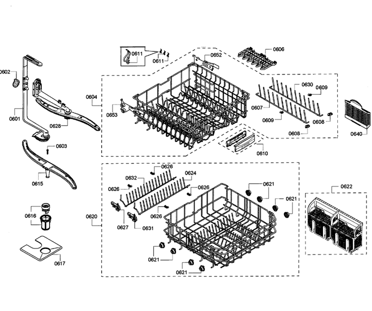 Baskets Diagram and Parts List for SHE55C05UC 65 Bosch Dishwasher