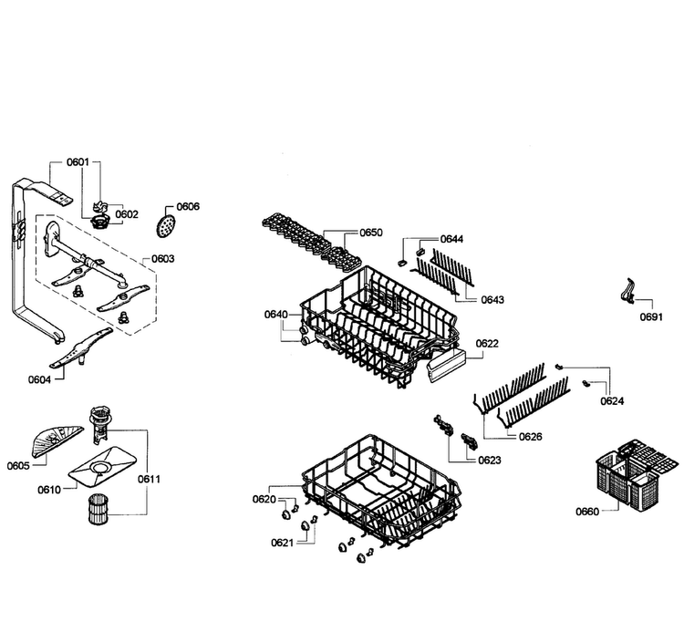 Baskets Diagram and Parts List for SPV5ES53UC 04 Bosch Dishwasher