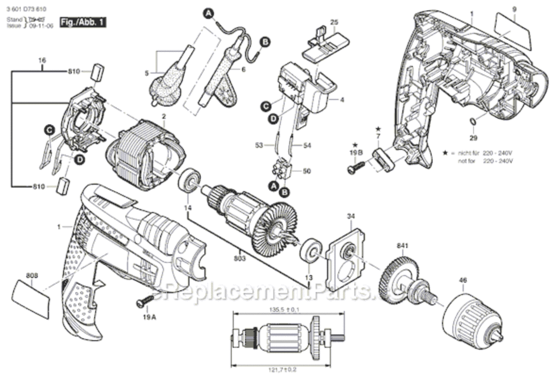 Page A Diagram and Parts List for 1006VSR 3601D73610 Bosch Electric Drill