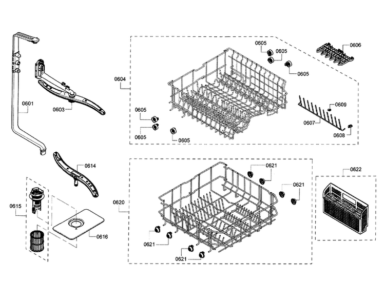 Rack Diagram and Parts List for SHX3AR55UC 12 Bosch Dishwasher