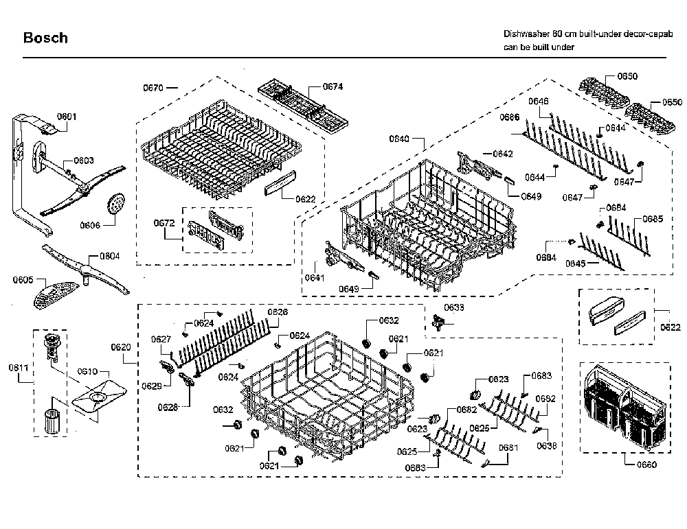 Baskets Diagram and Parts List for SHE89PW55N 01 Bosch Dishwasher