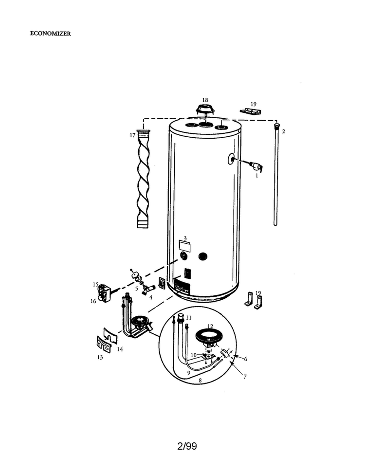 Economizer 40 Gallon Diagram and Parts List for 153333931  Kenmore Water Heater