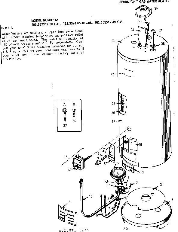 Replacement Parts Diagram and Parts List for 153332312  Kenmore Water Heater