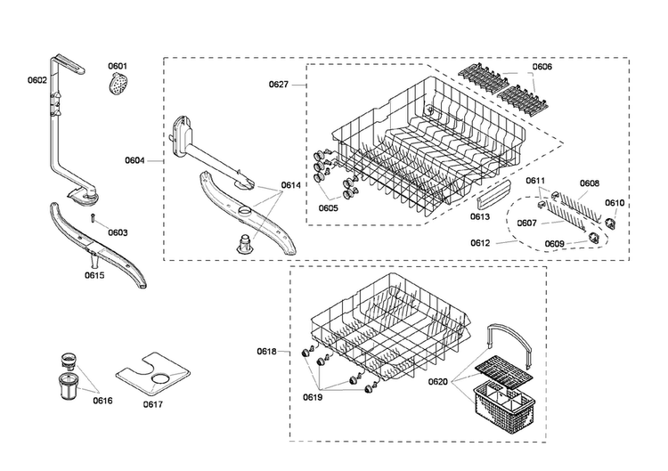 Racks Assy Diagram and Parts List for SHE45C05UC 50 Bosch Dishwasher