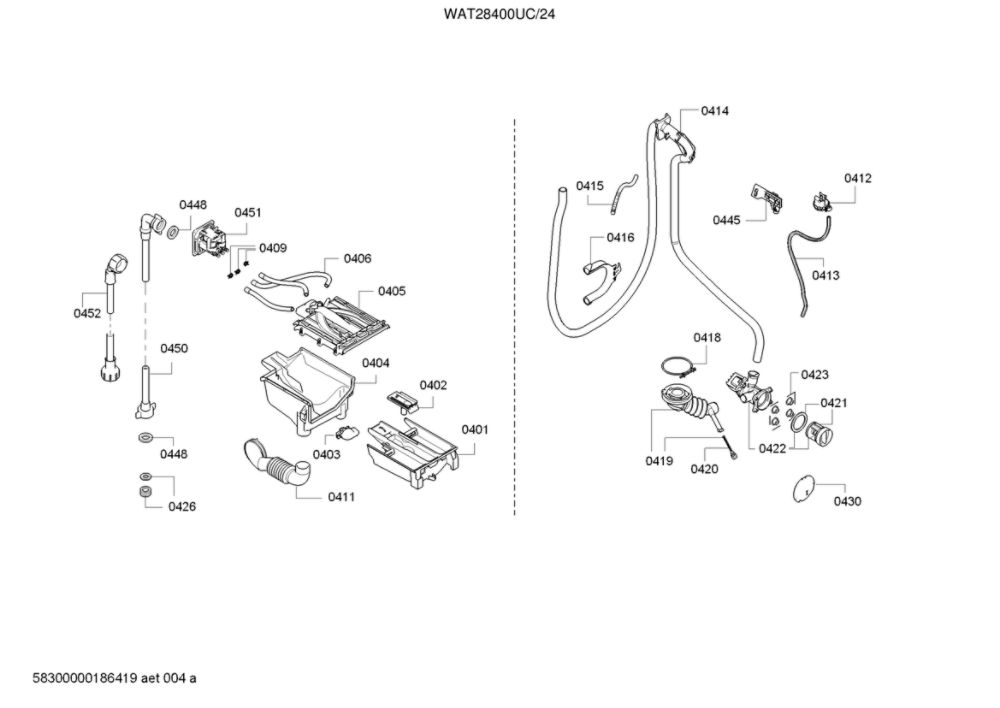 Dispenser Tray/Pipe Outlet Parts Diagram and Parts List for WAT28400UC 24 Bosch Washer