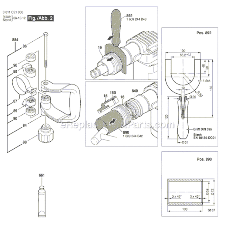 Page B Diagram and Parts List for 11321EVS 3611C21010 Bosch Demolition Hammer