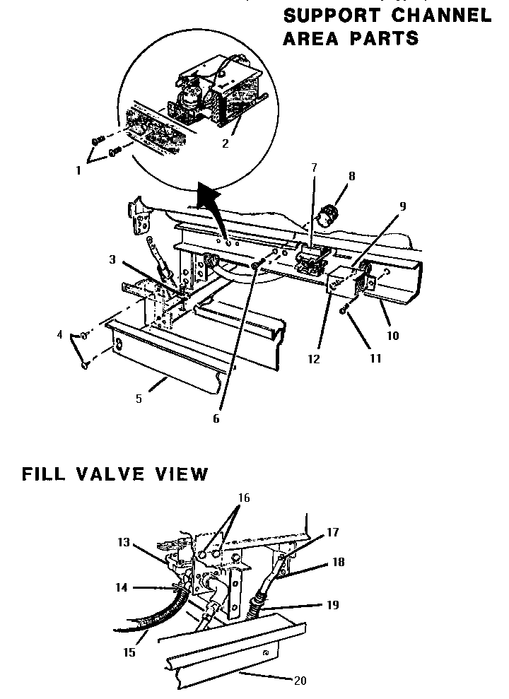 Support Channel & Fill Valve Diagram and Parts List for EIITHD4800  Thermador Dishwasher