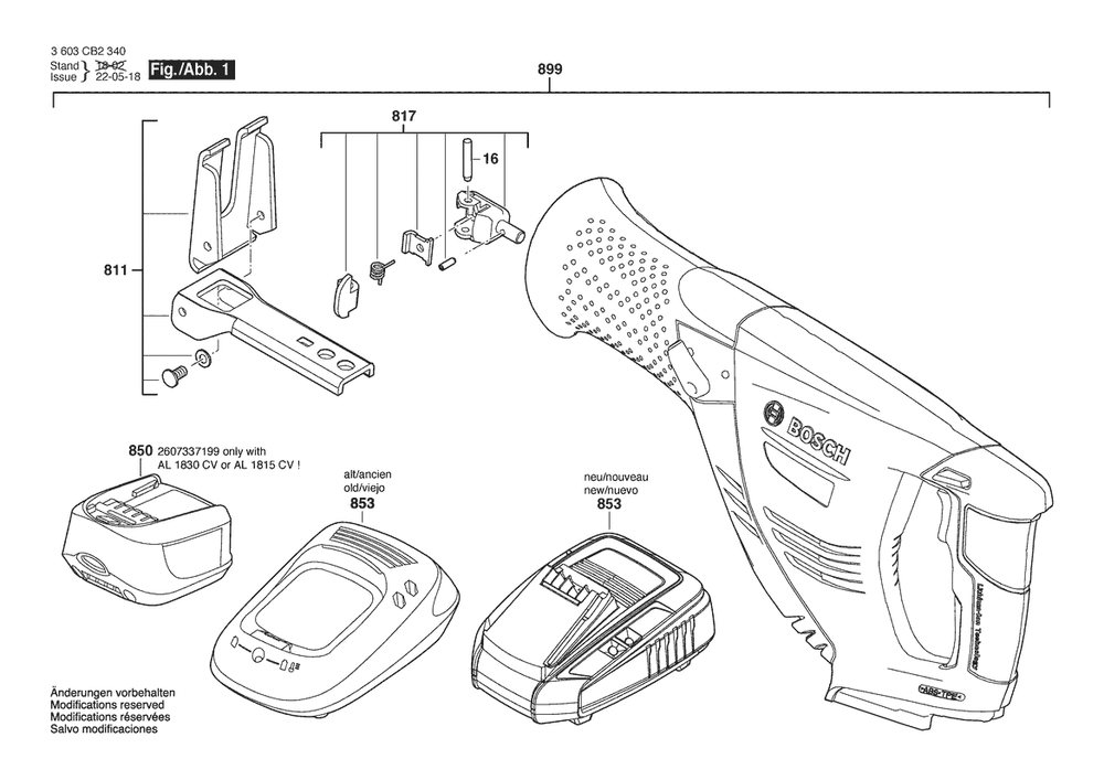 Section 1 Diagram and Parts List for PSA18VLI 3603CB2350 Bosch Reciprocating Saw