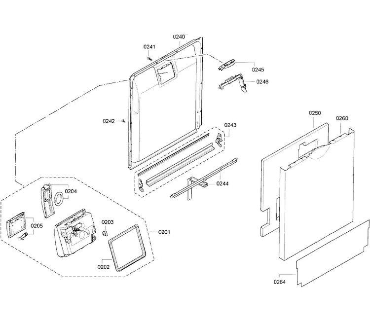 Door Assy Diagram and Parts List for SGE63E15UC 01 Bosch Dishwasher