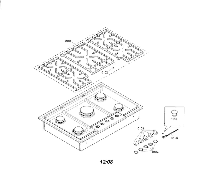 Grates/knobs Diagram and Parts List for NGM8054UC 01 Bosch Cooktop
