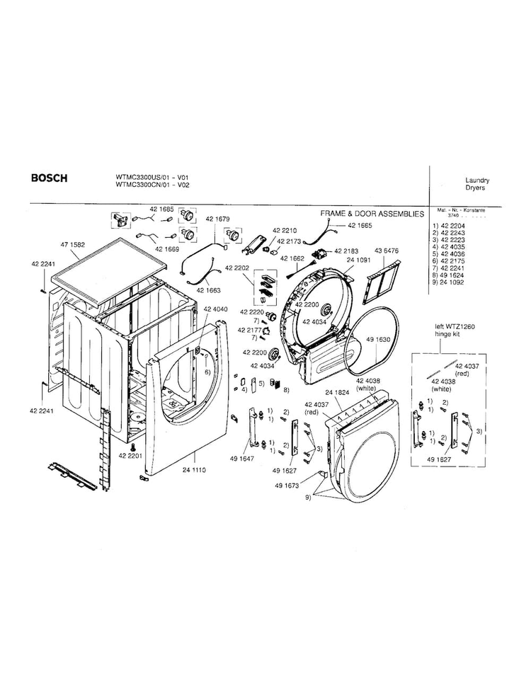 Frame And Door Assembly Diagram and Parts List for WTMC3300US 01 Bosch Dryer