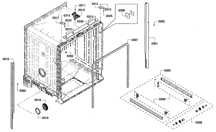 Cabinet Diagram and Parts List for SHX4AP02UC 53 Bosch Dishwasher