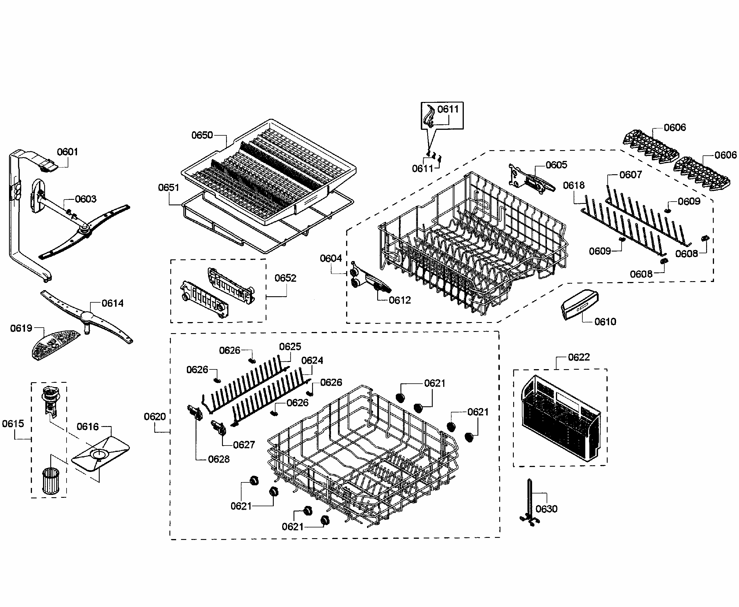 Baskets Diagram and Parts List for SHE68T56UC 01 Bosch Dishwasher