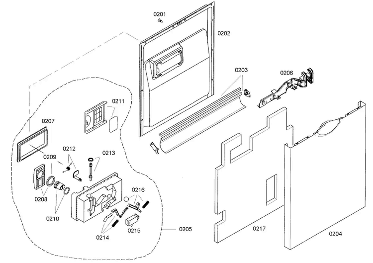 Door Assy Diagram and Parts List for SHE44C02UC 17 Bosch Dishwasher