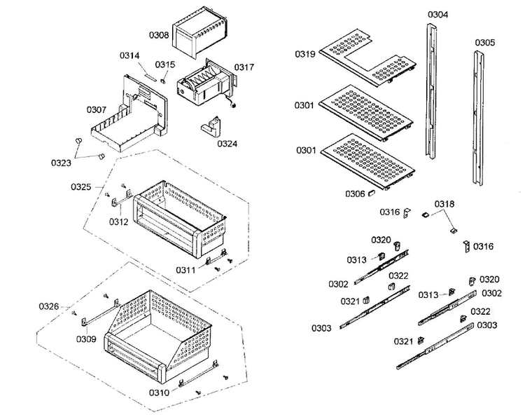 Drawers Assy Diagram and Parts List for B24ID80NRP 01 Bosch Freezer