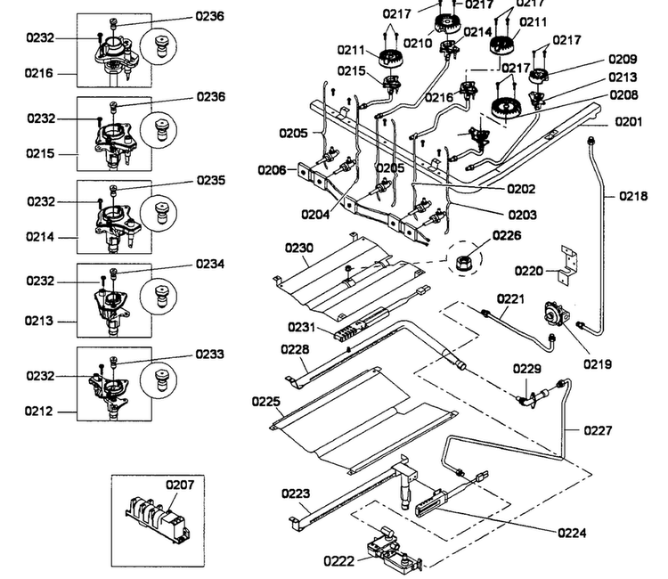 Burners Assy Diagram and Parts List for HGS3023UC 01 Bosch Range