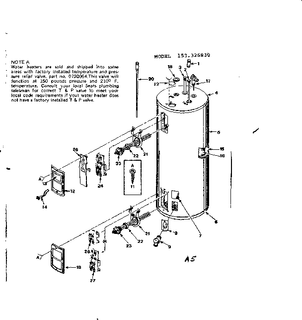 Replacement Parts Diagram and Parts List for 153326830  Kenmore Water Heater