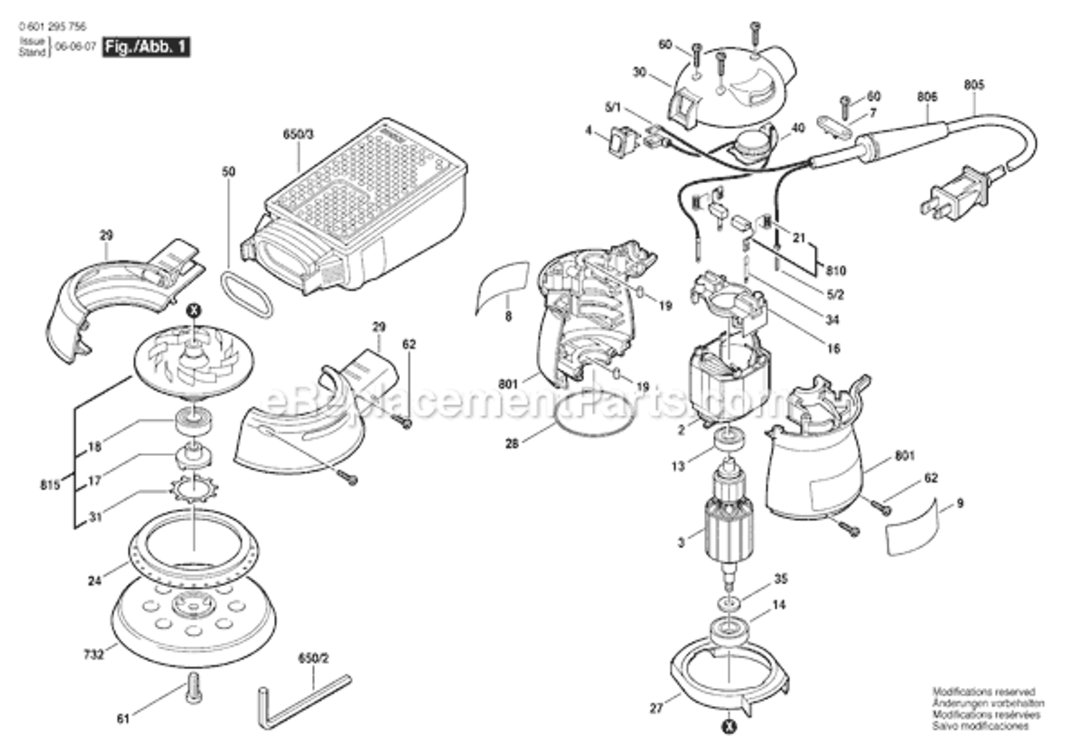 Page A Diagram and Parts List for 1295DVS 0601295756 Bosch Orbital or Palm Sander