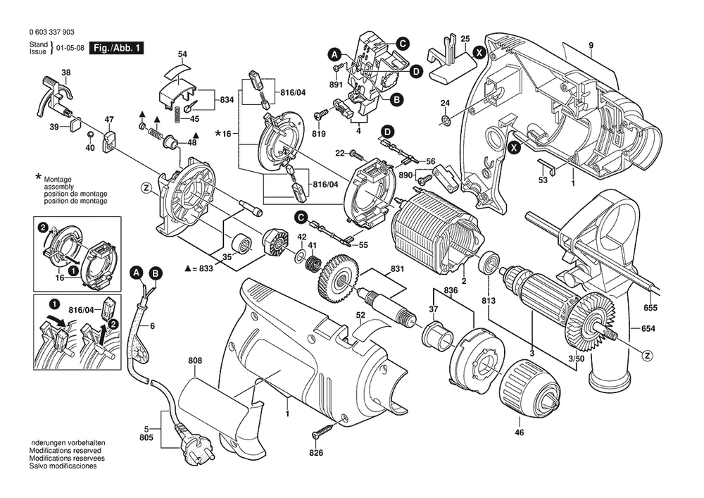 Section 1 Diagram and Parts List for PSB550RE 0603337937 Bosch Hammer Drill