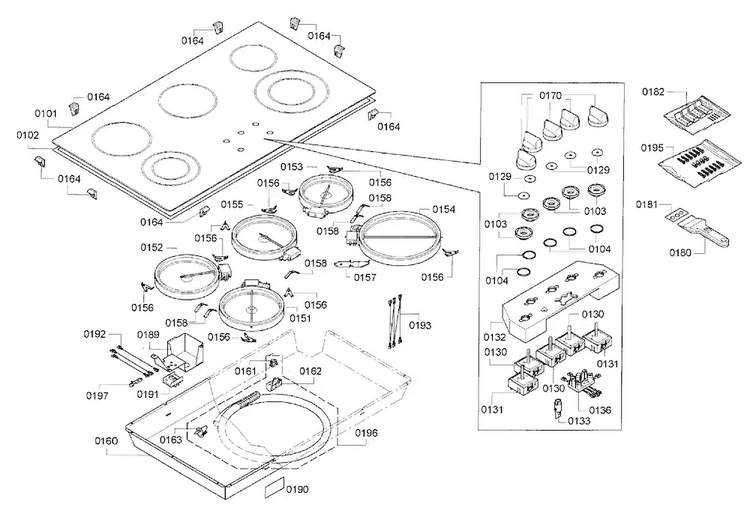 Cooktop Assy Diagram and Parts List for NEM5666UC 01 Bosch Cooktop