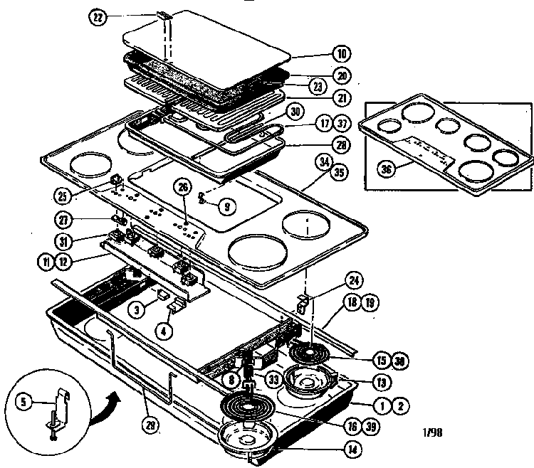 Cooktop Diagram and Parts List for TMH45  Thermador Cooktop