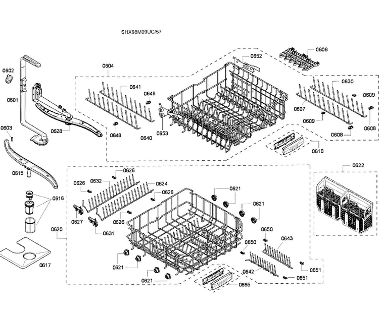 Baskets Diagram and Parts List for SHX98M09UC 57 Bosch Dishwasher