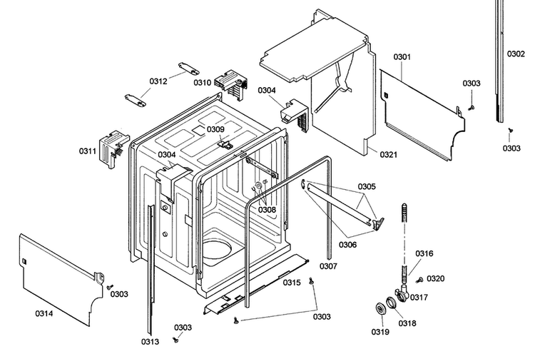 Cabinet Diagram and Parts List for SHE43M06UC 43 Bosch Dishwasher