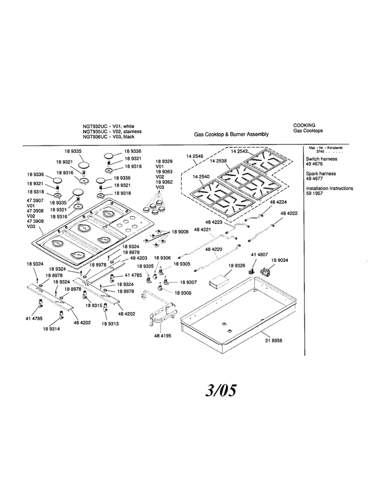 Gas Cook Top Diagram and Parts List for NGT936UC 01 Bosch Cooktop