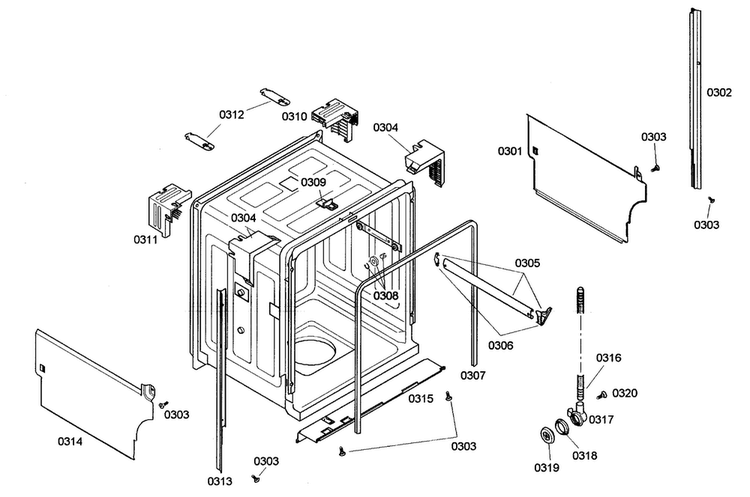 Cabinet Diagram and Parts List for SHE44C02UC 46 Bosch Dishwasher