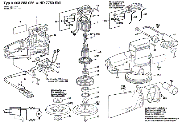 Bosch Hd7750type1 (0603283056) Diagram and Parts List for HD7750 (TYPE 1)(0603283056) Bosch Orbital or Palm Sander