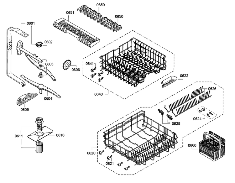 Rack Diagram and Parts List for SGE63E06UC A3 Bosch Dishwasher