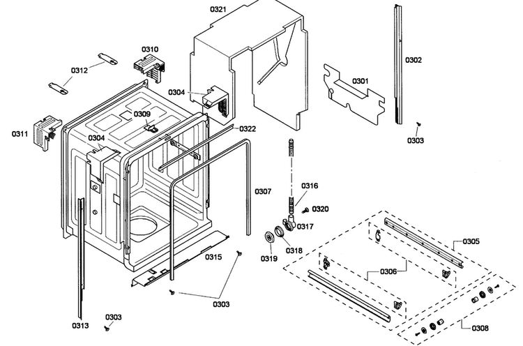 Cabinet Diagram and Parts List for SHE43P02UC 59 Bosch Dishwasher