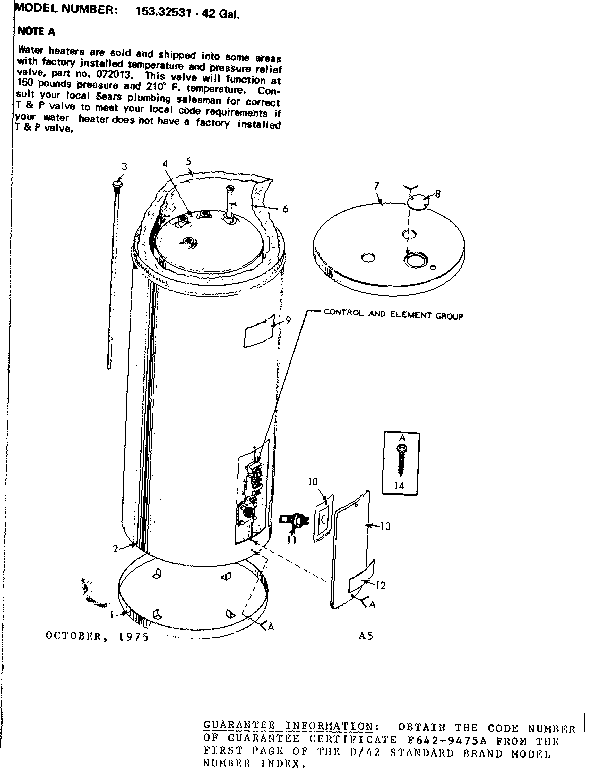 Non-functional Replacement Parts Diagram and Parts List for 15332531  Kenmore Water Heater