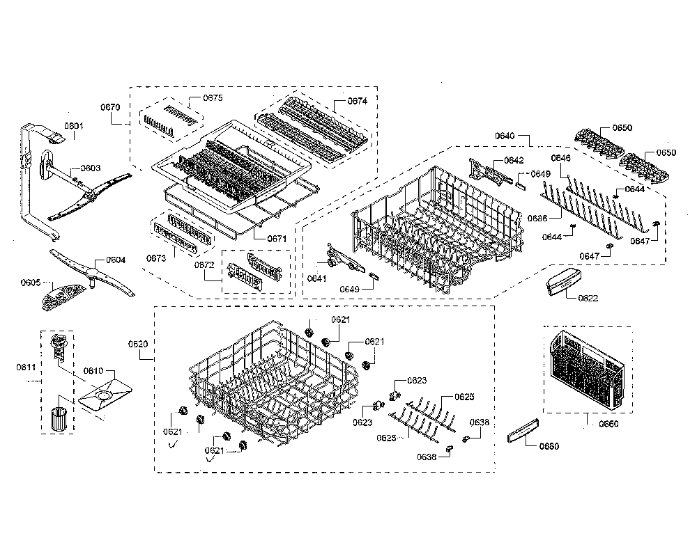 Racks/spray arm Diagram and Parts List for SHPM78W54N 01 Bosch Dishwasher