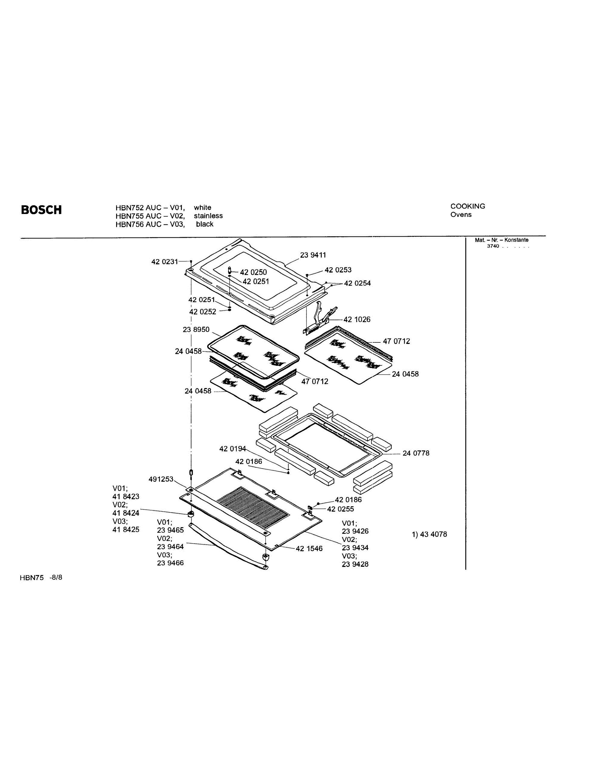 08 - DOOR ASSEMBLY Diagram and Parts List for HBN756AUC(FD8207-)  Bosch Wall Oven
