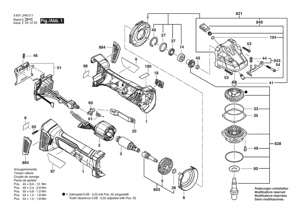 Section 1 Diagram and Parts List for 3601JH9011  Bosch Angle Grinder