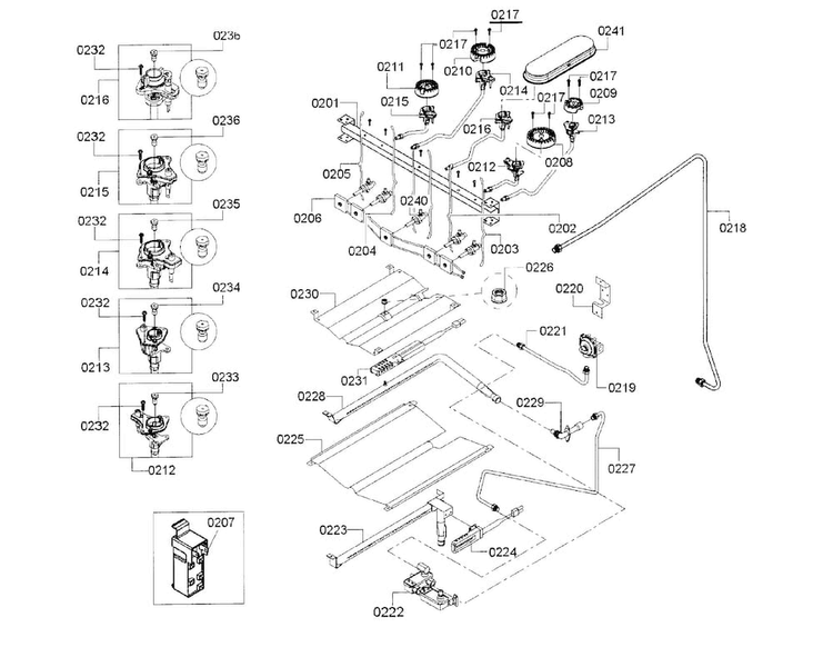 Burner & Valve Diagram and Parts List for HGS5053UC 13 Bosch Range