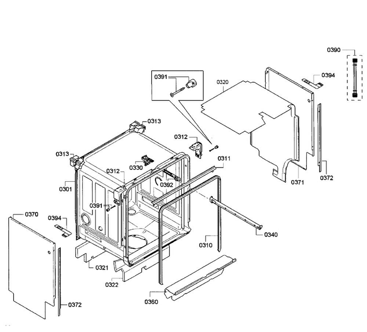 Cabinet Diagram and Parts List for SGE53U52UC 98 Bosch Dishwasher