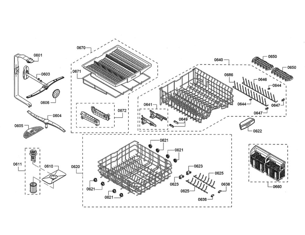 Racks/Spray Arm Diagram and Parts List for SHE863WF6N 01 Bosch Dishwasher