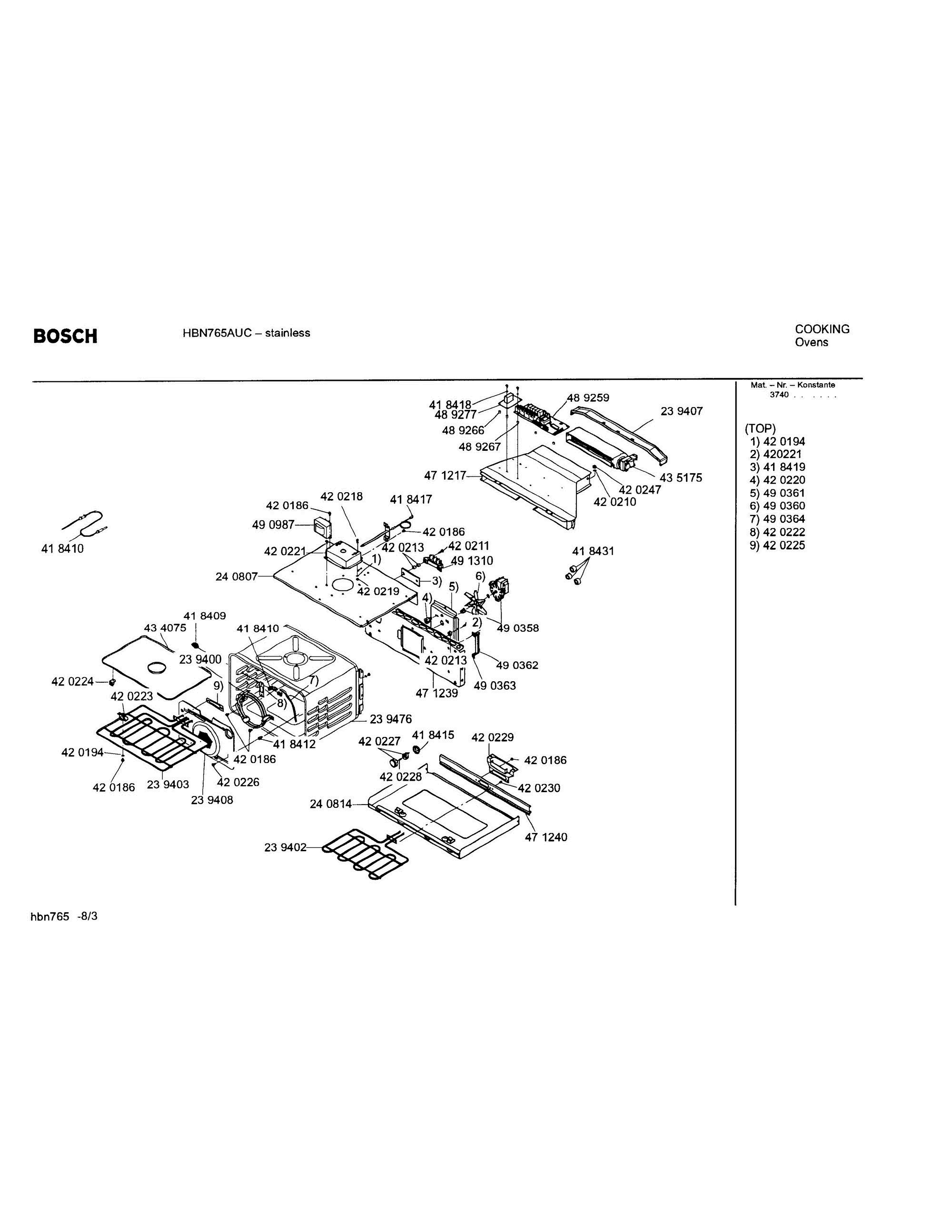 03 - UPPER OVEN COMPONENTS Diagram and Parts List for HBN765AUC(FD8207-)  Bosch Wall Oven