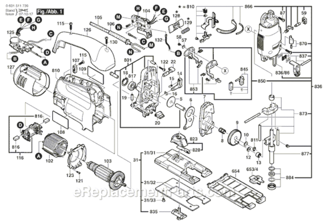 Page A Diagram and Parts List for 1590EVSK 0601511739 Bosch Jig Saw