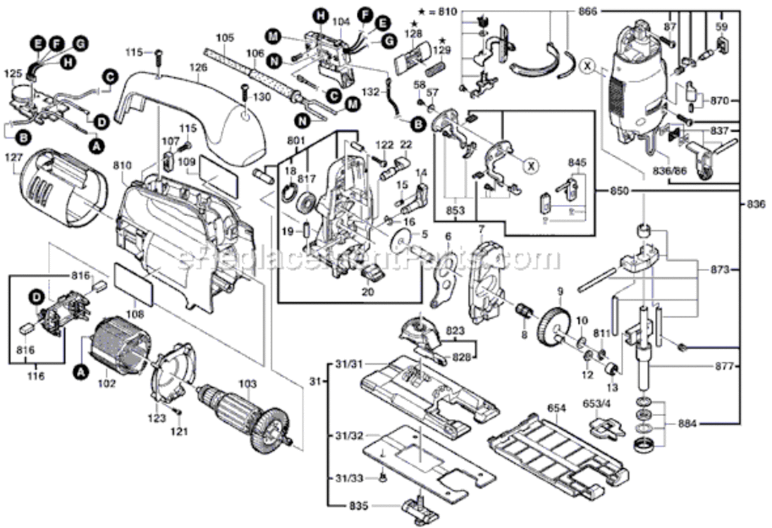 Page A Diagram and Parts List for 1590EVS 0601511739 Bosch Jig Saw