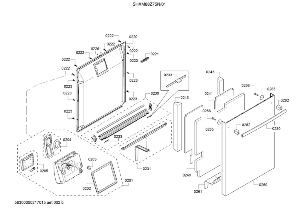 Door/Dispenser Diagram and Parts List for SHXM88Z75N 01 Bosch Dishwasher