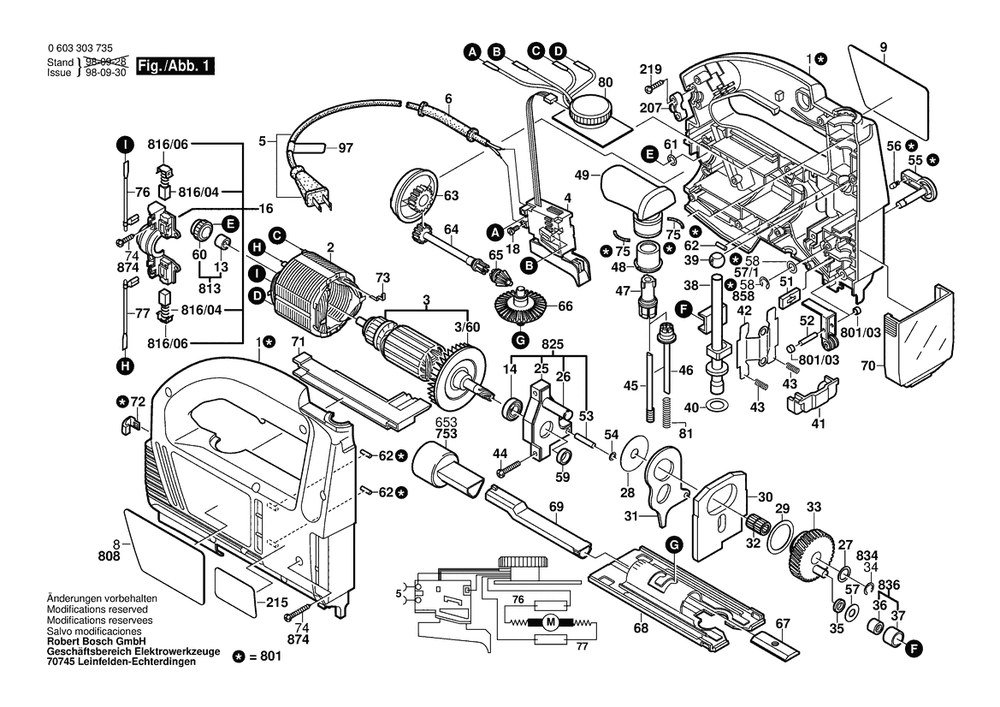 Section 1 Diagram and Parts List for GW4100 0603303735 Bosch Jig Saw