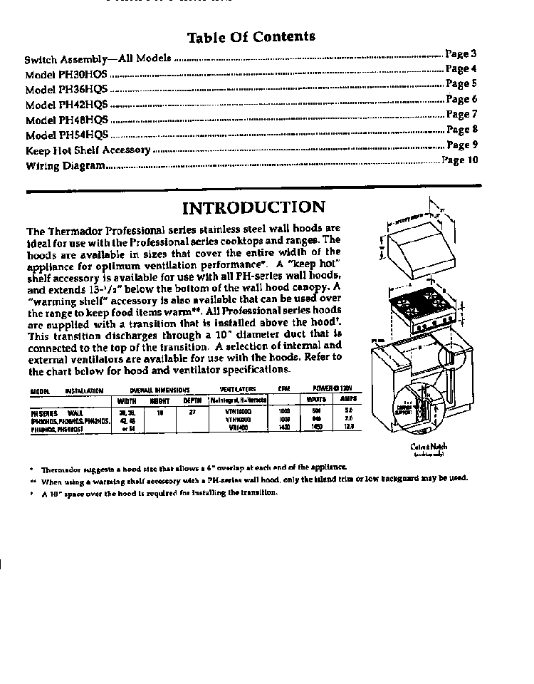 Section 1 Diagram and Parts List for PH-SERIES  Thermador Range Hood