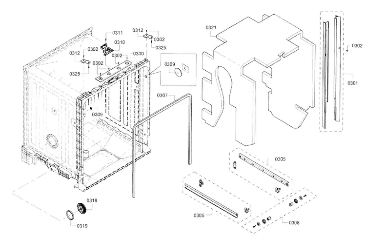 Cavity & Frame Diagram and Parts List for SHE3AR56UC 14 Bosch Dishwasher