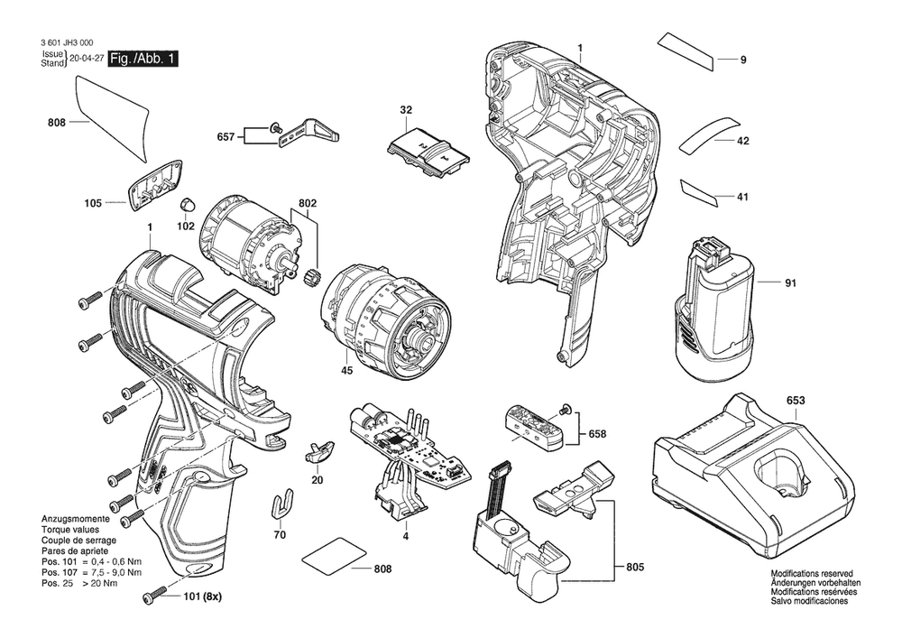 Section 1 Diagram and Parts List for GSR12V-300FCN 3601JH3010 Bosch Cordless Drill