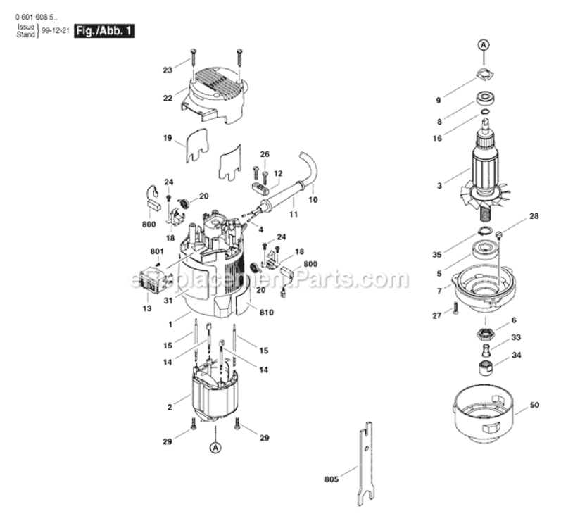 Page A Diagram and Parts List for 1608DW 0601608534 Bosch Router