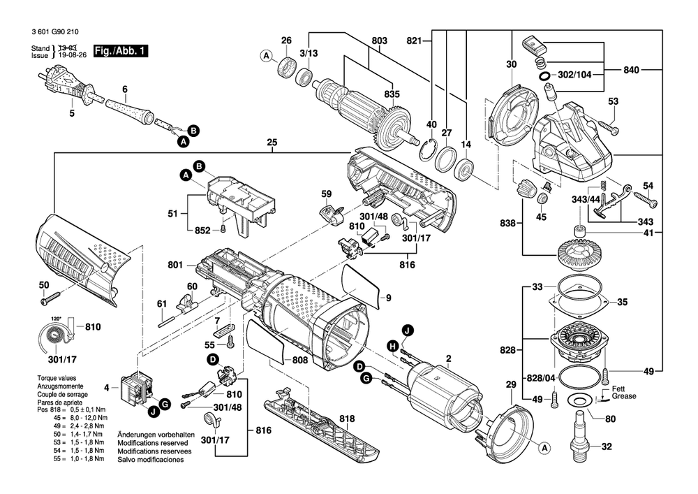 Diagram 1 Diagram and Parts List for AG40-85PD 3 601 G90 210 Bosch Angle Grinder
